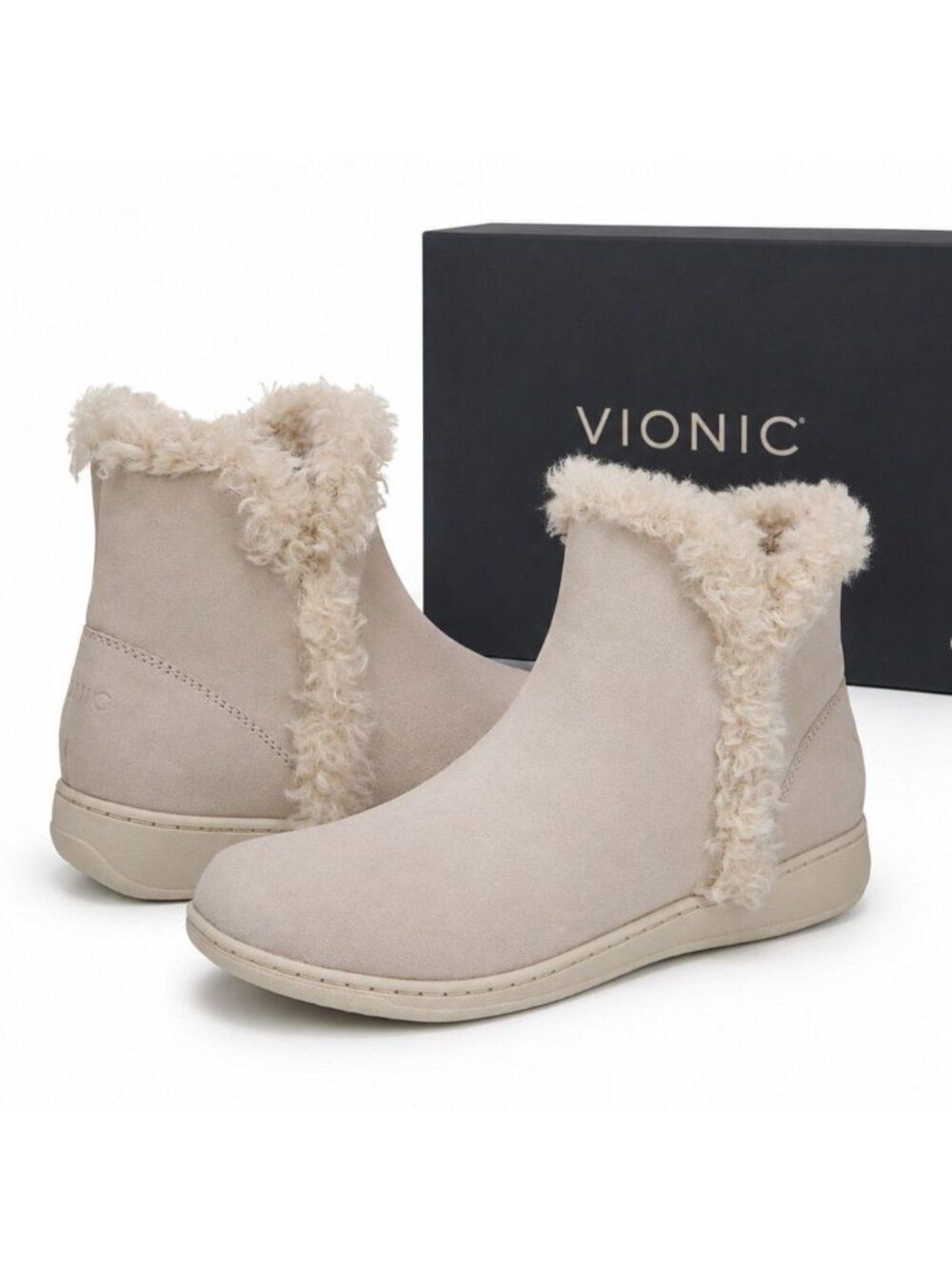 VIONIC Unwind Supportive Booties Oatmeal Suede Women 11M Shearling Arch Support